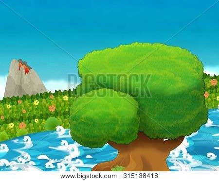 Cartoon Scene With Stream Or River Near Some Jungle And Active Volcano With Nobody On The Stage - Il