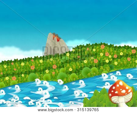 Cartoon Scene With Stream Or River Near Some Jungle And Active Volcano With Nobody On The Stage - Il