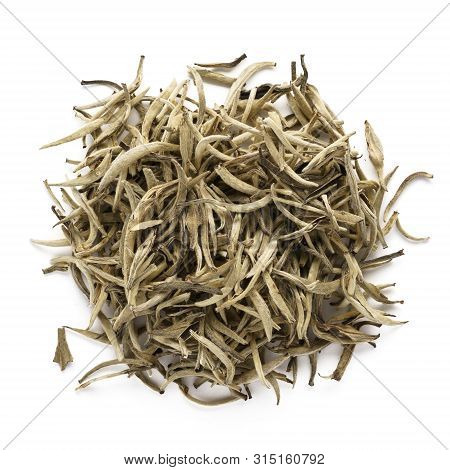 Dry White Tea Leaves Isolated On White Background.