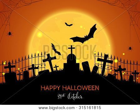 Halloween Background With Graveyard And Happy Halloween Text.