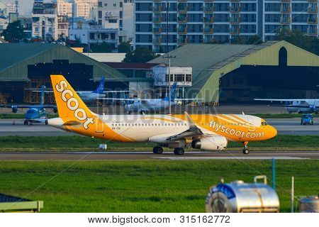 Saigon, Vietnam - Jul 10, 2019. Scoot 9v-tri (airbus A320) Taxiing On Runway Of Tan Son Nhat Airport