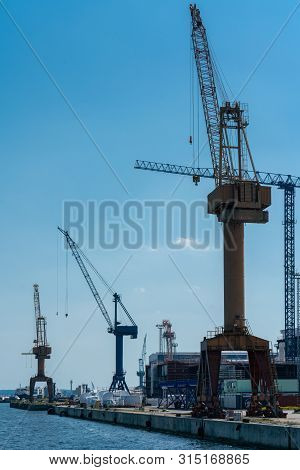 Details Of Dockside Cranes At The Europort Harbour In Rostock