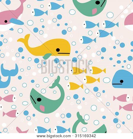 Colorful Wheals And Fishes In A Seamless Pattern Design