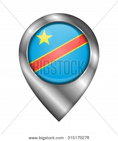 Flag Of Democratic Republic Of The Congo. Metal And Glass Round Vector Icon. Isolated On Gray