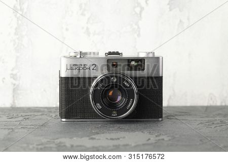 Moscow, Russia, August 03, 2019. The Old Soviet Rangefinder Automatic Film Camera Fed Micron-2, Rele