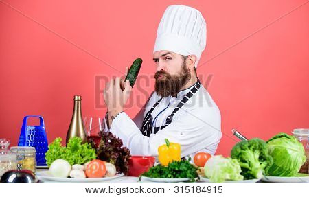 Food Alternative. Dieting And Organic Food, Vitamin. Chef Man In Hat. Secret Taste Recipe. Bearded M