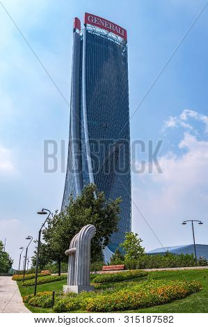 Milan, Italy - June 28, 2019: Generali Tower By Zaha Hadid In City Life Complex, Tre Torri Milan Pla