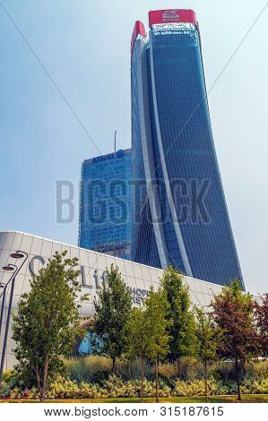 Milan, Italy - June 28, 2019: Isozaki Tower And Hadid Tower In City Life Complex, Tre Torri Milan Pl