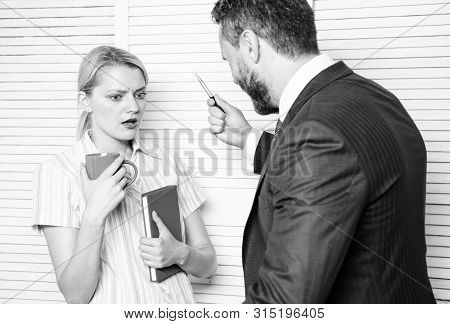 Prejudice And Personal Attitude To Employee. Tense Conversation Or Quarrel Between Colleagues. Boss 