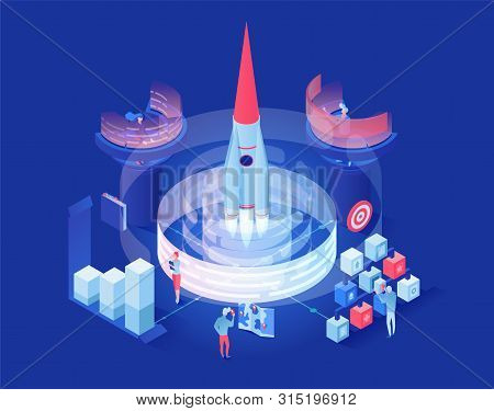 Launching Shuttle Vector Isometric Illustration. Futuristic Space Exploration Research Center Worker