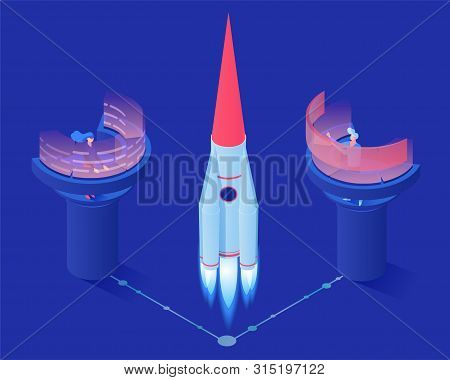Rocket Launch Vector Isometric Illustration. Space Station Workers, Engineers Monitoring 3d Shuttle 