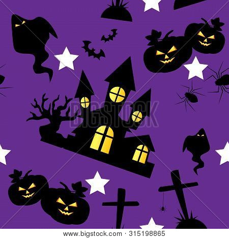 Halloween Seamless Pattern With Spider Web, Castle, Bats, Pumpkins And Gravestone On Orange Backgrou