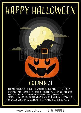 Halloween Background With Halloween Pumpkin, Moon And Happy Halloween Text.