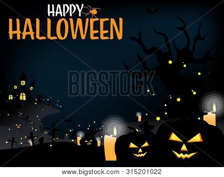 Halloween Background With Haunted House, Halloween Elements And Happy Halloween Text.