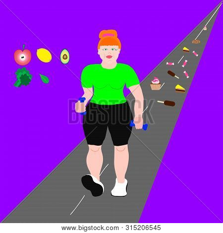 Plus-sized Young Red Woman Is Running On Road With Bars On Her Hands.concept Of Healthy Lifestyle. W