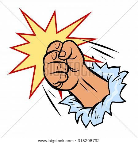 A Fist Smashes Through The Wall. Pop Art Retro Vector Illustration Drawing