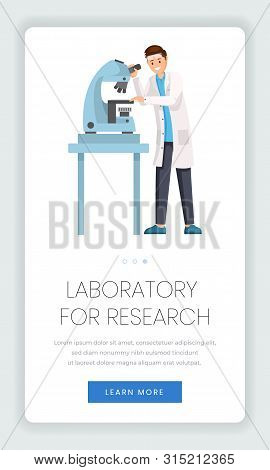Research Laboratory Mobile Vector Webpage Template. Lab Worker, Chemist, Pharmacologist Using Micros