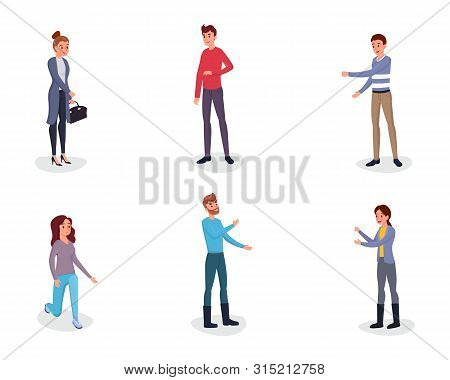 People Gesturing Vector Characters Set. Cheerful Man, Woman Expressing Emotions With Raised Hands, M