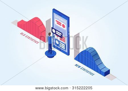 Man Updating Database Isometric Vector Illustration. Businessman, Office Manager Working With Smartp