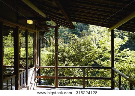 View Of Forest And Maple Trees From A Wooden Balcony Of An Old Building In Kyoto, Japan
