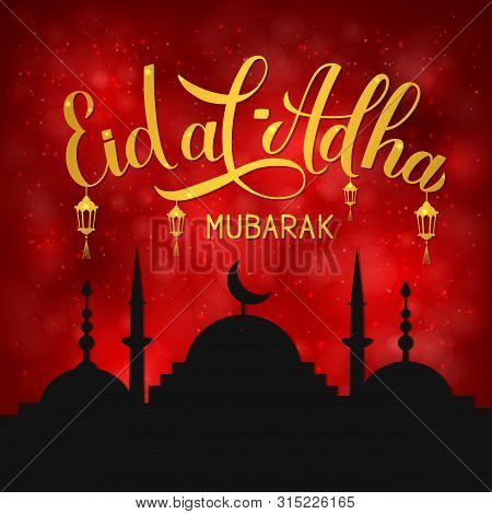 Eid Al-adha Mubarak Lettering And Silhouette Of Mosque On Red Background. Kurban Bayrami Typography 