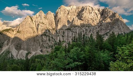 Front Window On Mount Prisojnik. The Julian Alps In Slovenia. Scenic Summer Vista.