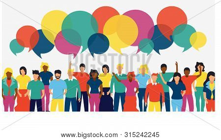 Social People Group With Colorful Chat Bubbles And Diverse Team. Internet Communication Or Network C
