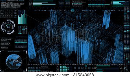 Hud Futuristic Virtual 3d Rendering Hologram City Target Scanning Mission Communication Report Panel