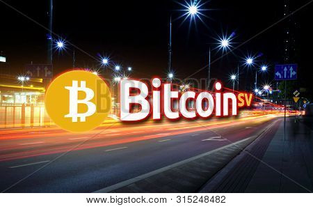 Concept Of Bitcoin Sv Coin Moving Fast On The Road, A Cryptocurrency Blockchain Platform , Digital M