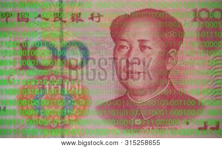 Digital Money Or Finance Technology Concept. China Banknote With Digital Code Screen Computer Backgr
