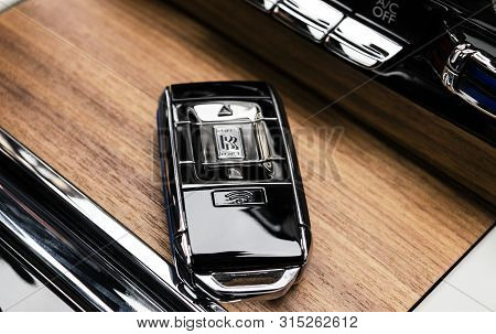 Monte-carlo, Monaco, February 24, 2019: The New Rolls Royce Cullinan Wireless Keys In White Perforat