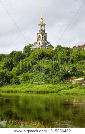 View Of The Bell Tower Of The Old Borisoglebsky Monastery On A Cloudy July Day. Torzhok, Russia