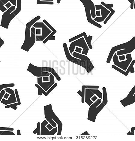 Home Care Icon Seamless Pattern Background. Hand Hold House Vector Illustration On White Isolated Ba