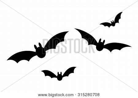 Bats Icon Set. Bat Black Silhouette With Wings Isolated White Background. Symbol Halloween Holiday, 
