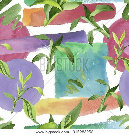 Bamboo Green Leaves. Watercolor Background Illustration Set. Seamless Background Pattern.