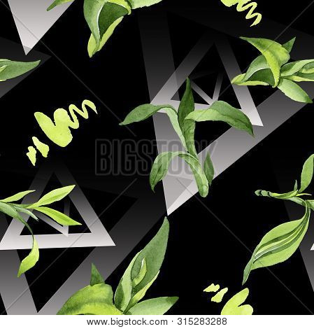 Bamboo Green Leaves. Watercolor Background Illustration Set. Seamless Background Pattern.
