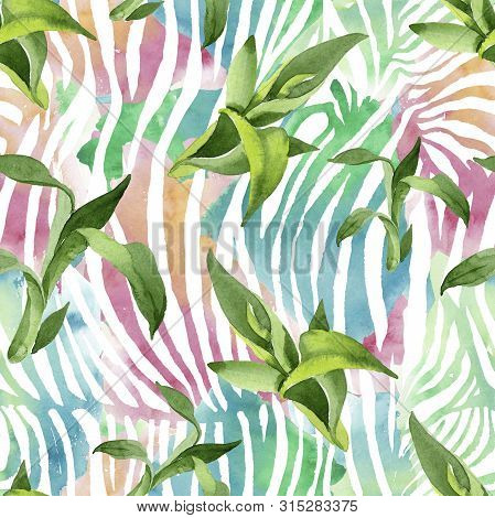 Bamboo Green Leaves. Watercolor Background Illustration Set. Seamless Background Pattern.