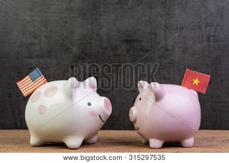 Us And China Trade War Or Tariffs Negotiation Concept, Piggy Bank With United State National Flag Fa