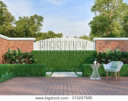 White Chair In The Green Garden 3d Render,  There Are A Wooden Floor Terrace,white Wood Plank And Or