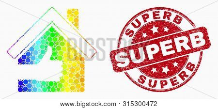 Dot Spectral Best House Mosaic Pictogram And Superb Seal Stamp. Red Vector Round Distress Stamp With
