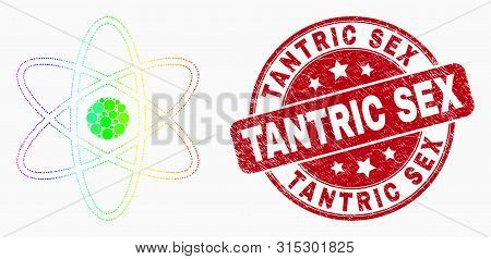 Dot Spectral Atom Mosaic Pictogram And Tantric Sex Seal Stamp. Red Vector Round Grunge Stamp With Ta