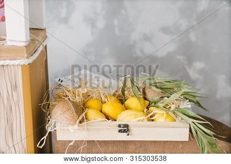 Yellow Lemons Lie In A Wooden Box, Copy Space