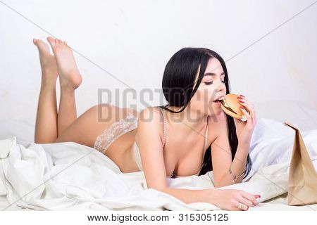 Food Delivery Service. Seductive Sexy Woman Relax On Bed. Diet Concept. Fast Food. Seductive Woman H