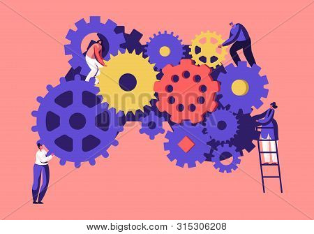Time Management,team Working Concept. Tiny Business People Men And Women Generating Ideas Holding Hu
