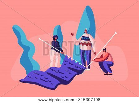 Tiny Female Characters Handcraft Hobby Concept. Girls With Huge Knitting Needles Knit Warm Clothes F