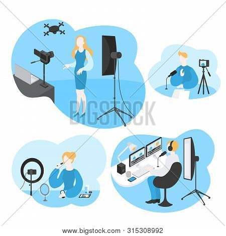 Professional Digital Software For Video Blogger. Cartoon Influencer Filming Media Content. Movie Edi