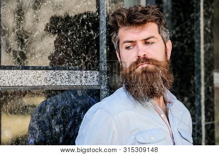 Masculinity And Manliness. Confident Posture Of Handsome Man. Guy Masculine Appearance With Long Bea