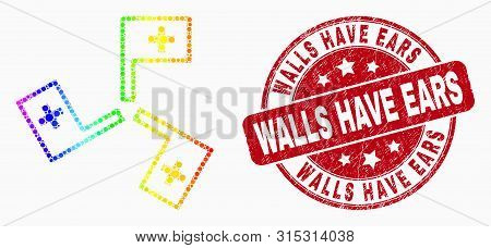 Dot Bright Spectral Medical Flags Mosaic Icon And Walls Have Ears Seal Stamp. Red Vector Round Textu