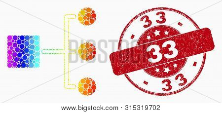 Dot Spectral Hierarchy Mosaic Icon And 33 Watermark. Red Vector Rounded Textured Seal Stamp With 33 