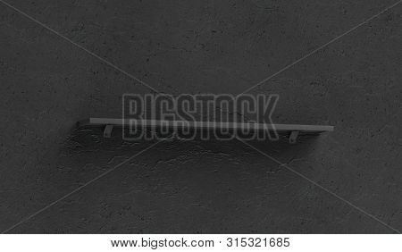 Blank Black Book Shelf Mockup Mounted On Dark Textured Wall, 3d Rendering. Empty Bookish Stand Mock 